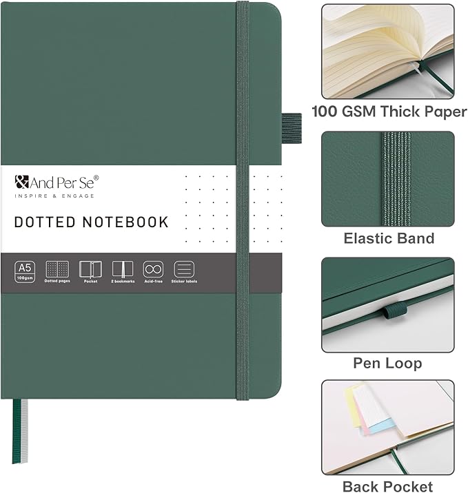 &And Per Se Dotted Journal Notebook – A5 Hardcover, 160 Pages 100gsm Paper, Dot Grid Notebook for Planning & Creative Journaling, 3 Sticker Sheets Included (Dark Green)