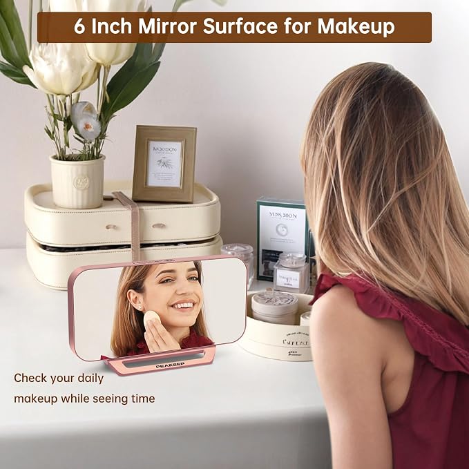 Peakeep Slim Digital Mirror Aesthetic Alarm Clock for Bedrooms Desk Decor | Plug in Electric Big LED Modern Small Clock for Office Living Room, Battery Backup, 6 Dimmers (Rose Gold)