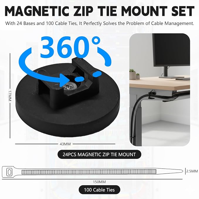24pcs 43mm Magnetic Zip Tie Mount, Multi-Functional Cable Holder, Suitable for Industrial Cable Management and Home Cable Organizing. 24 Mounts and 100 Nylon Cable Ties