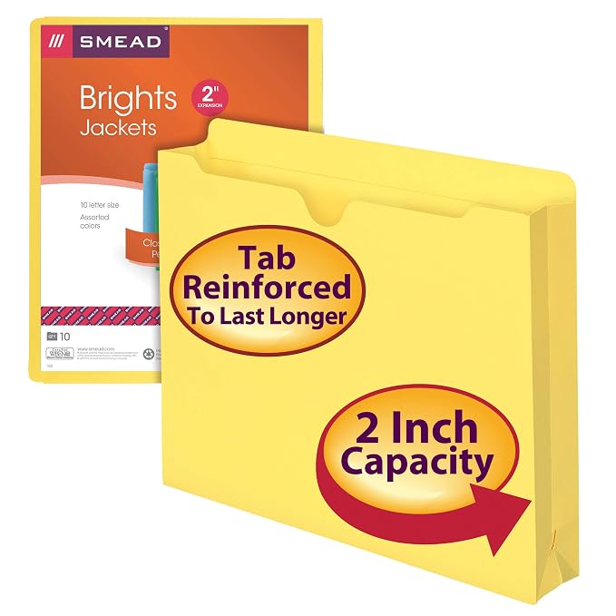 Smead File Jackets Letter Size for File Folders, Reinforced Straight-Cut Tab, 2" Expansion, Letter Size, Assorted Colors, 10 Per Pack (75688) (Pack of 5)