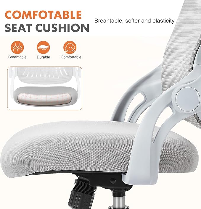 Sweetcrispy Home Office Managerial Executive Chair, Ergonomic Mesh Adjustable Swivel Mid-Back Chair with, Flip-up Arms, Comfortable Lumbar Support, Comfy Arms for Bedroom,Study,Student, Grey