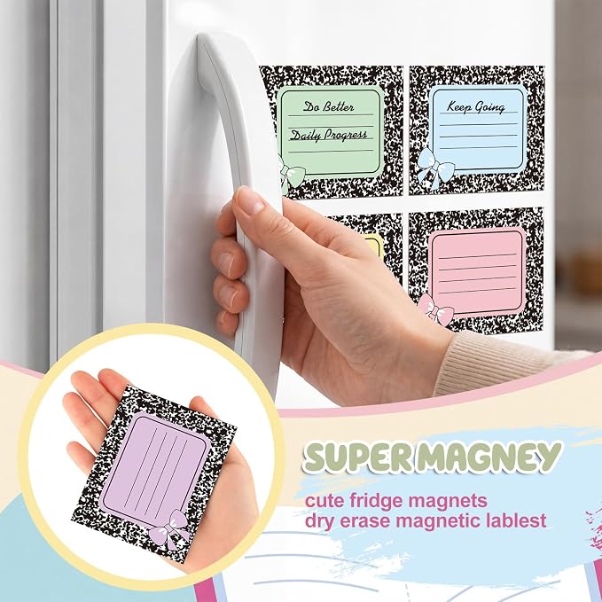 48 Pcs Pastel Composition Dry Erase Magnetic Labels with a Pen Colorful Bow Student Name Tags Magnetic Locker Name Plates Stickers for Classroom Desks School Whiteboards