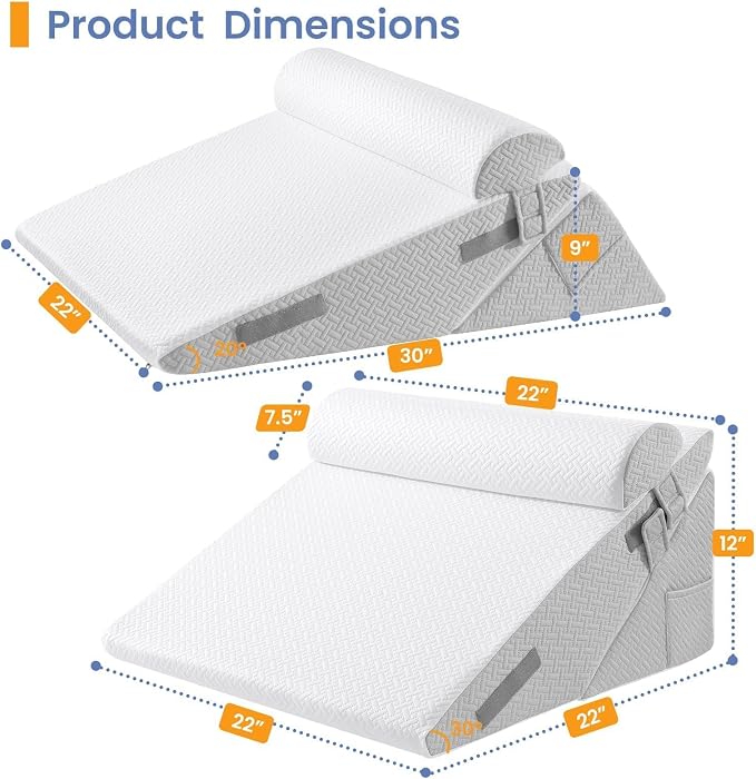 Sasttie Adjustable Wedge Pillow Set for After Surgery, Light Grey & White | Bed Wedge Pillow Headboard with Memory Foam Neck Cushion, for Acid Reflux, Sleeping, Neck & Back Support