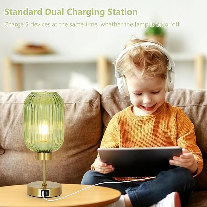 LAMSU Vintage Table Lamp for Bedroom with Bulb, Small Green Glass Beside Lamp with USB Ports, 3 Way Dimmable Gold Desk Lamp, Mid Century Modern Nightstand Lamp for Living Room, Office, Home Decor