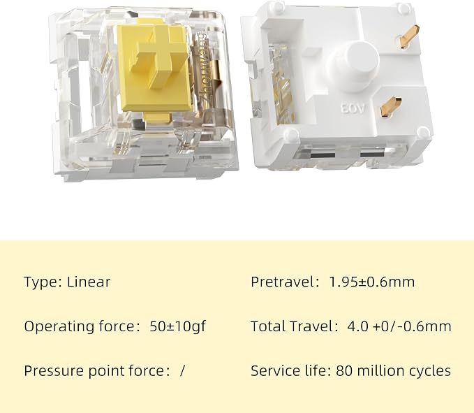 ZhouWang Yellow Switch 3 Pin 50gf Pre-Lubricated,Dustproof Linear Switch,Suitable for RGB,Mechanical Gaming Keyboards、MX Mechanical Keyboard(Yellow,90PCS)