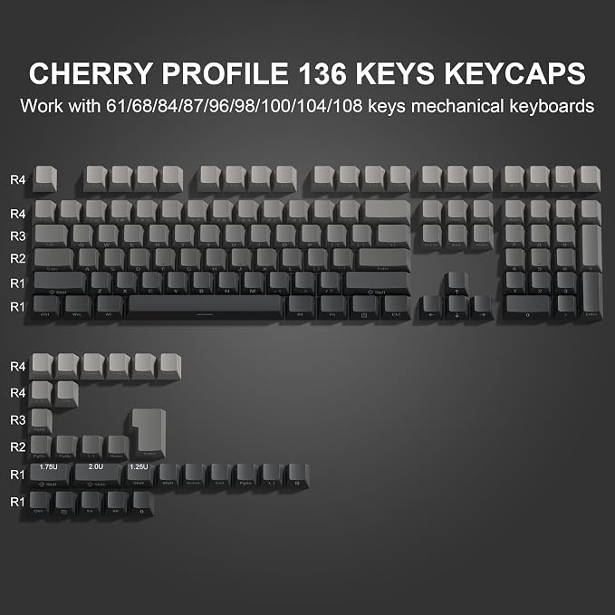 dagaladoo Grey black keycap set 136 key gradient double shot PBT keycaps 75% 100% Shine Through custom keycap cherry profile,Side printed keyboard keycaps Compatible with US Layout Mechanical Keyboard