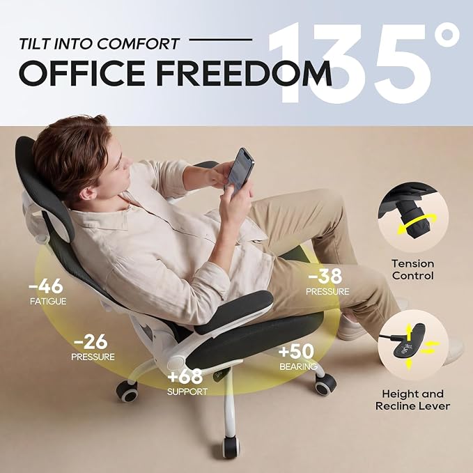 Ergonomic Office Chair for Long Hours, Padded Lumbar Support for Lower Back Relief, 330 lb Capacity, Comfortable Computer Desk Chair for Home Office, Computer & Study (Classic, White/Black)