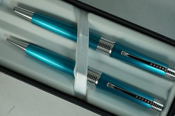 AT CROSS Cross Collection Beverly Pearlescent Teal Lacquer with signature pronounced center Band Selectip Rollerball Pen and Ballpoint Set.A great wedding, birthday, graduation & Christmas gift