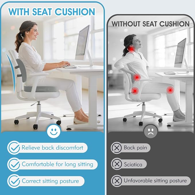 CushZone Ergonomic Seat Cushion & Lumbar Support Pillow - Memory Foam for Sciatica Pain Relief & Posture Correction, Non-Slip Chair Cushions for Office Chair/Car/Wheelchair/Travel, Light Grey
