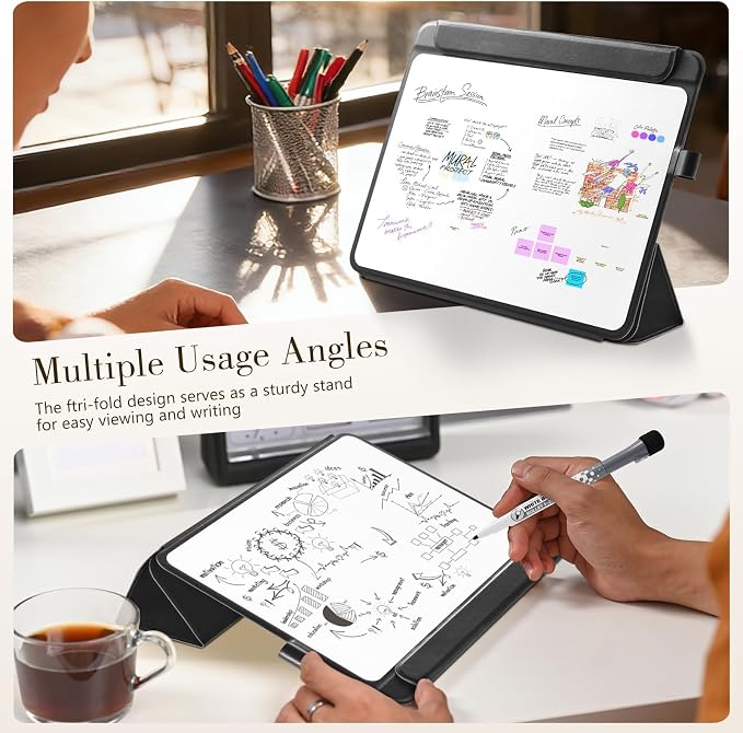 CoBak Glass Portable White Board Desktop Easel 12x9 inch (A4) - Book Folio Tri-fold Design Clean Glass Dry Erase Board with 3 Markers, Anti-Ghosting Suface for Office, Business and School (Black)