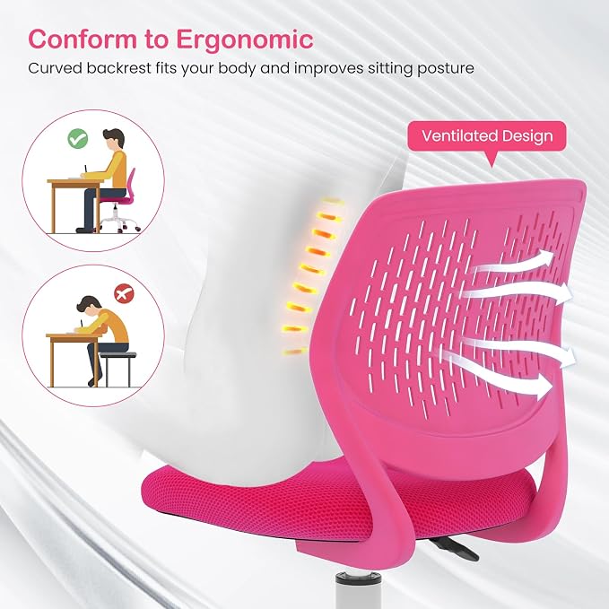 Giantex Kids Desk Chair, Adjustable Children Study Chair, Swivel Armless Mesh Task Office Chair, Computer Desk Chair with Adjustable Height & Lumbar Support, Rose