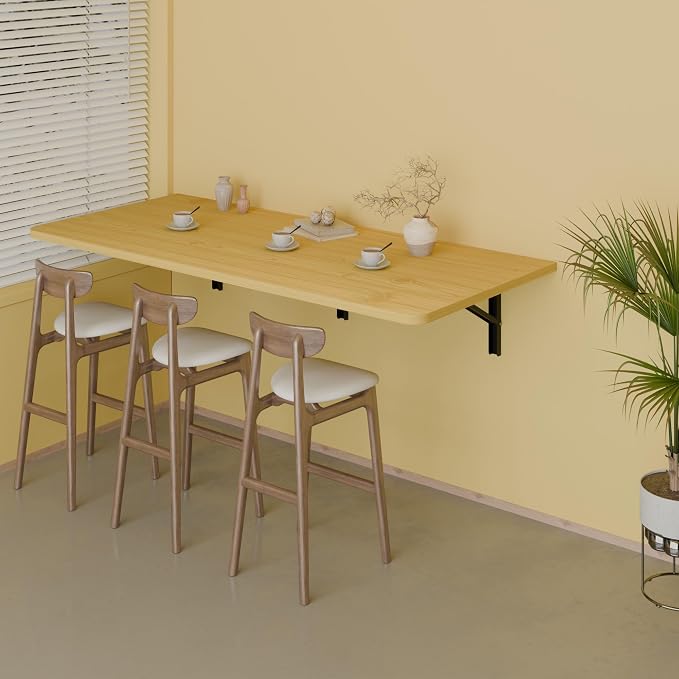 IAE 55" x 22" Floating Foldable Desk,Wall-Mounted Folding Computer Table with Engineered Wood,Study Table with Shelf Brackets,Fold Down Shelf,Fold Computer Desk for Small Spaces,Holds 500 lb,Natural
