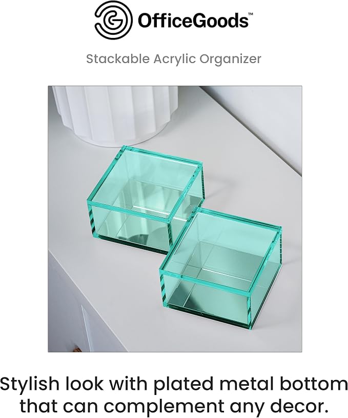 3-Tier Stackable Acrylic Holder, Green with Silver Metal Base | Stylish desk organizer and storage for office or home, Transparent square design, Functional and elegant desk accessories