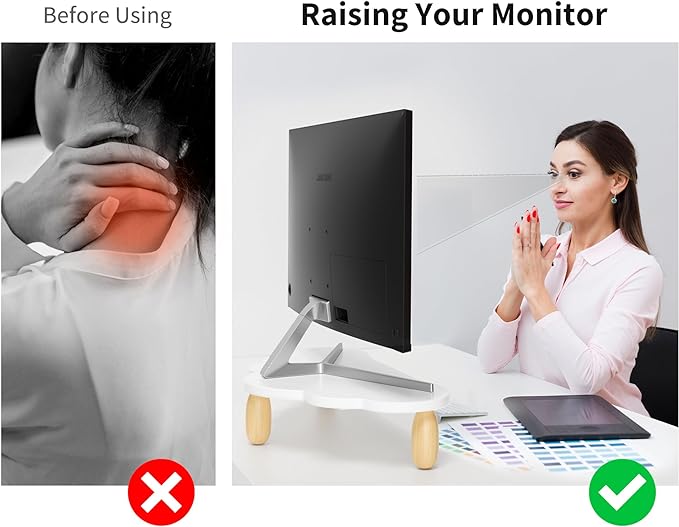 AFOOYO Monitor Stand Riser,Cloud-Shaped Sturdy Wood 16.5In Computer Monitor Riser Wirh Drawer, Multi-Purpose Desktop Organizer Riser for Computer,Laptop,Printer,TV,White