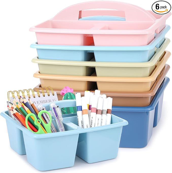 gisgfim 6 Pack Classroom Caddy with Handle Plastic Storage Caddy Organizer with 3 Compartments Desk Caddies Holder Portable Storage Bin for Pencil, Crayon, Marker, Home, Office, School Supply(Retro)