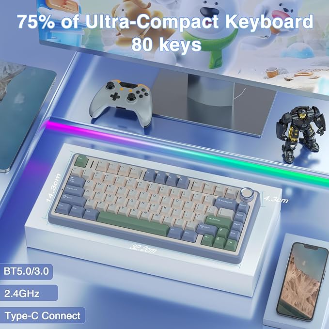 AULA F75 75% Wireless Mechanical Keyboard, Hot Swappable Creamy Keyboard, Pre-lubed Reaper Switches RGB Backlit Gaming Keyboards, 2.4GHz/Type-C/BT5.0(White & Green)