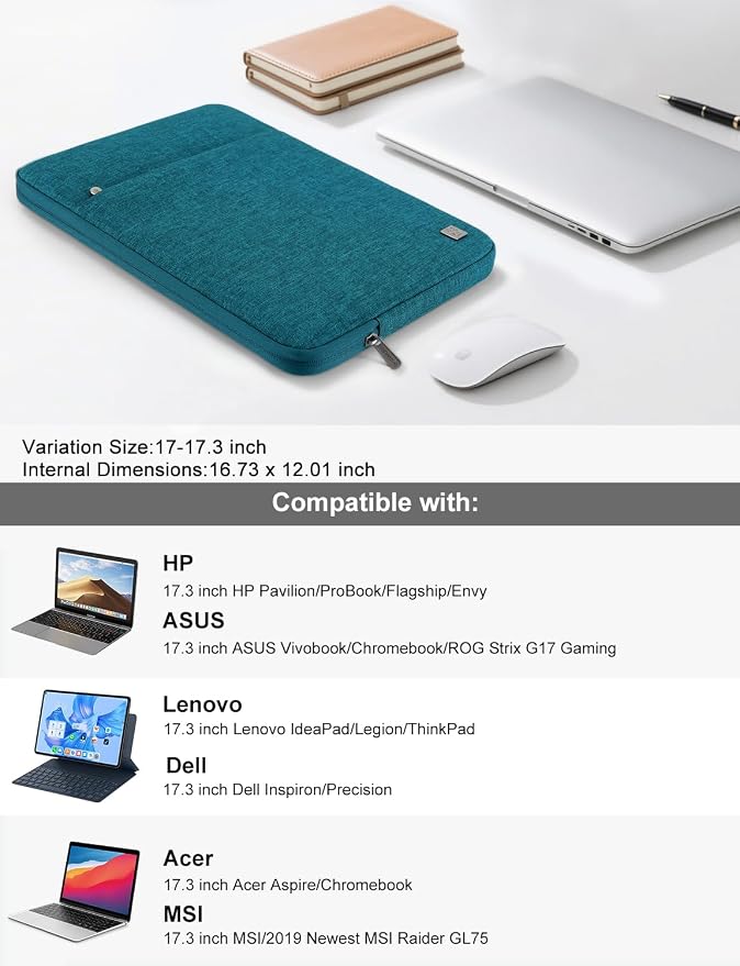 DOMISO 17 inch Laptop Sleeve Case Notebook Bag Protective Carrying Handbag for 17.3" Notebook/Dell Inspiron/MSI GS73VR Stealth Pro/IdeaPad 300 320 321/HP Envy/LG Gram 17"/ASUS ROG Strix GL702VS, Teal