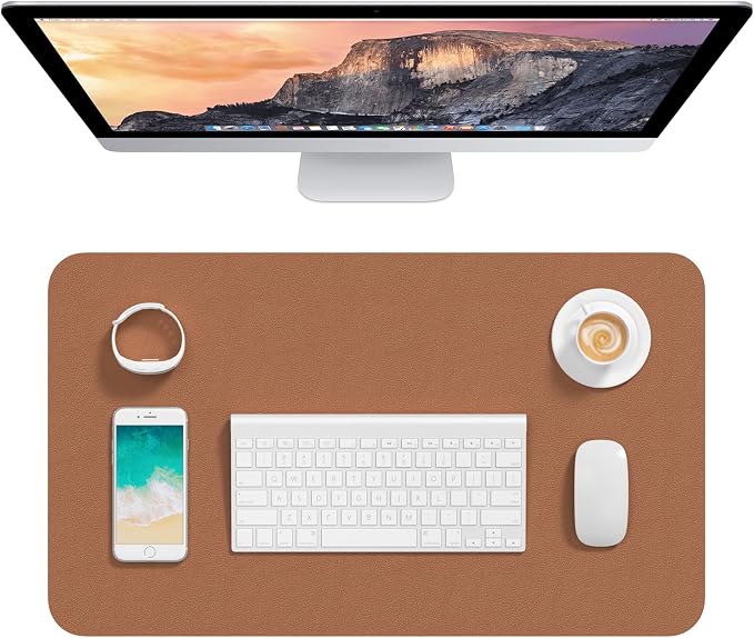 Hsurbtra Desk Pad, 23.6" x 13.8" PU Leather Desk Mat, M Extended Mouse Pad, Waterproof Desktop Blotter Protector, Non-Slip Ultra Thin Small Laptop Keyboard Writing Mat for Office Home, Dark Apricot