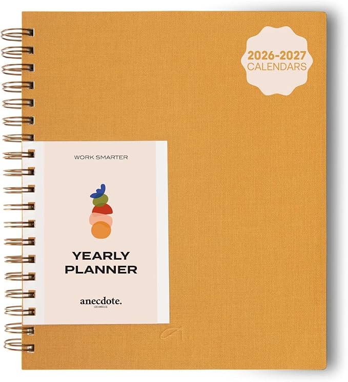 Anecdote 2026 Planner (8.5" x 10") Daily Planner Weekly Monthly Planner - 52 Weeks w/Library Buckram Cover, Brass Spiral - A4 Size Bleed-Resistant Paper – Mustard