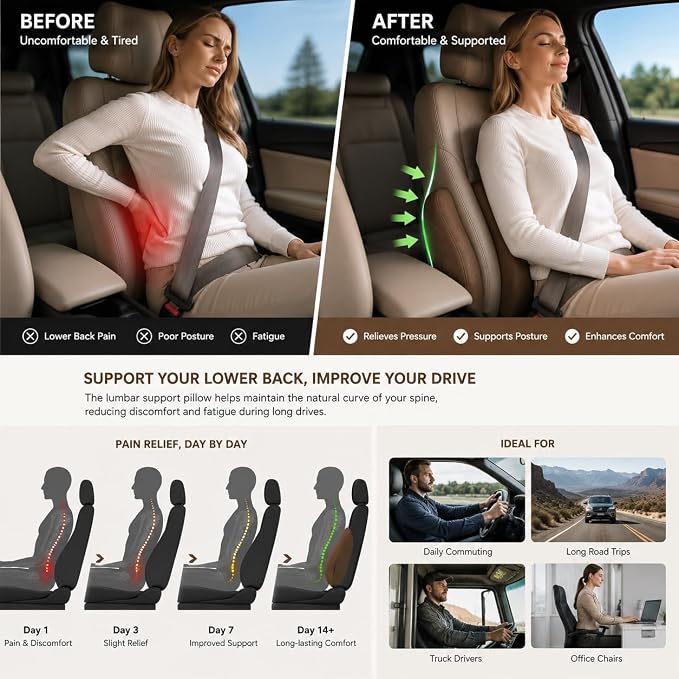Lumbar Support Pillow for Car, Ergonomic Memory Foam Back Cushion for Driving Comfort, Breathable Lower Back Support for Car Seat, Truck, SUV & Office Chair (Brown)