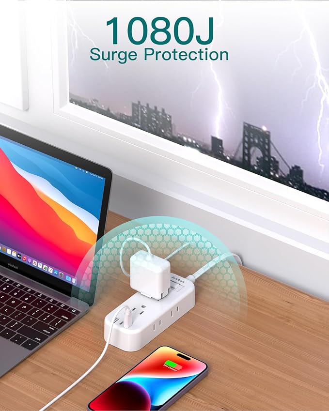 Extension Cord 15 ft - Power Strip Surge Protector, Flat Plug with 6 AC Outlet Extender 3 USB Ports (2 USB-C), 1080J, Multi Plug Outlets Desktop Charging Station for Home College Dorm Room Essentials