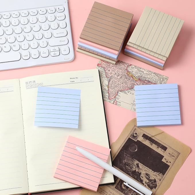 AmazingSpark 12 Pack Lined Sticky Notes 3x3 inch Post Ruled Stickies Super Self Stick Power Memo Pads Multi Colors Notes Pads Vintage Aesthetic School Office Supplies Accessories (Soft Morandi)