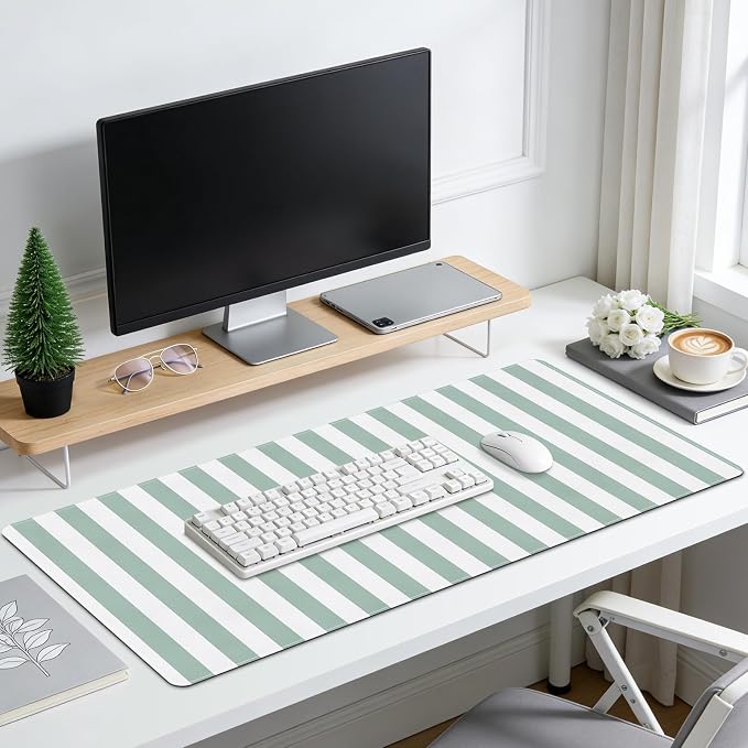 Striped Desk Mat Cute XXL Large Mouse Pad PU Leather Green Striped Desk Pad with Non-Slip Rubber Base, Home Office Decor Keyboard Pad Mouse Mat for Computer Laptop