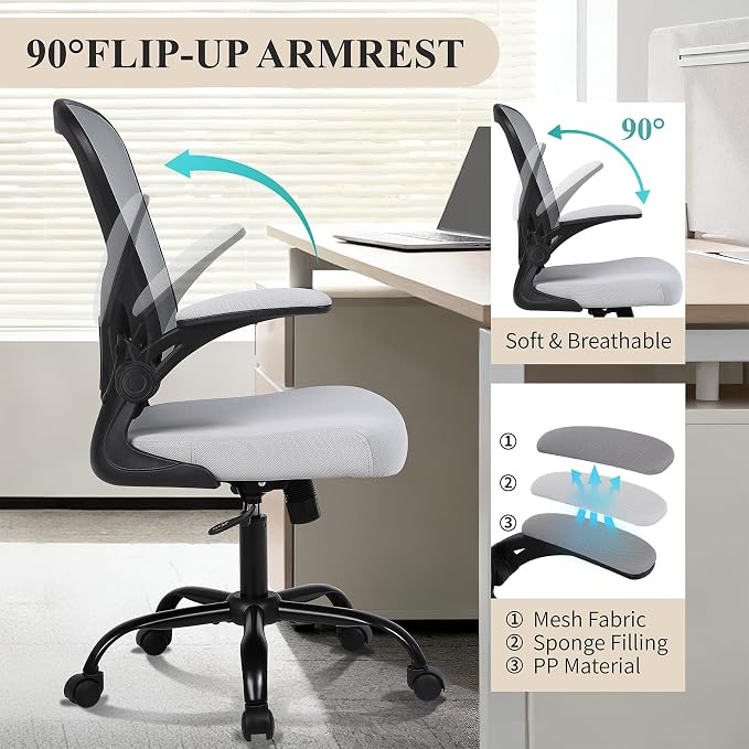 Flysky Mesh Office Chair, Ergonomic Computer Desk Chairs for Home Office - with Comfy/Comfortable Flip-up Arm Rests, Lumbar Support, Height Adjustable, 360 Degree Rolling Swivel (Gray, 1 Pack)