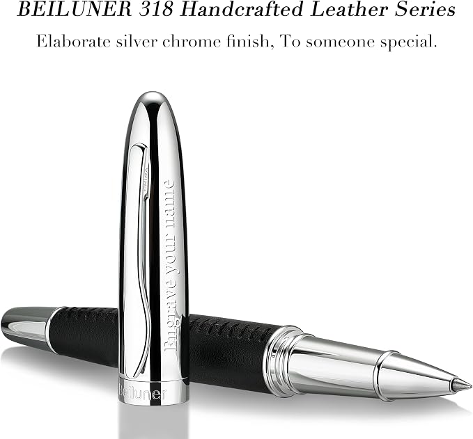 BEILUNER 318 Luxury Personalized Leather Pen, Hand-Stitched Premium Black Leather, Chrome-Plated Finish, Smooth Refill, Fancy Rollerball Pen Gift Set for Men & Women, Executive, Nice Designer pen