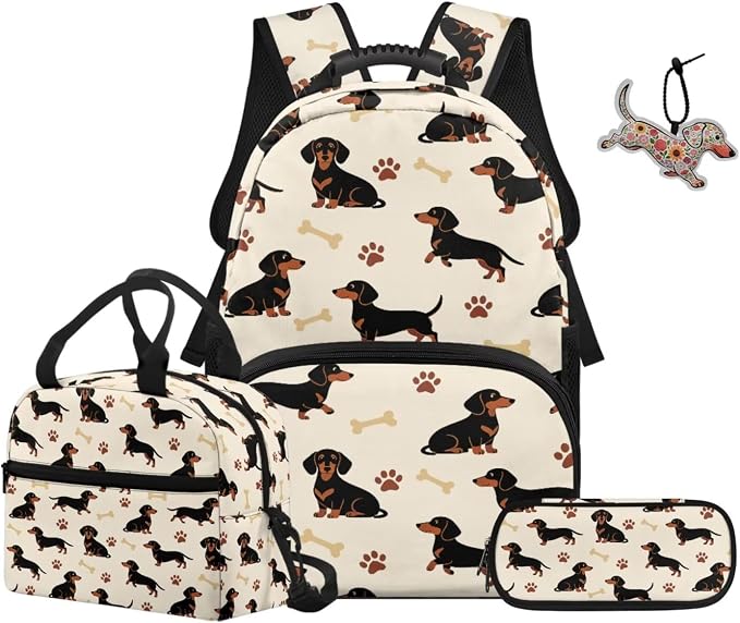 ZFRXIGN Dachshund Dog Teen Girls Backpack for School with Cute Pendant 4pc Backpack Set for Boys 17inch Middle High School Bag and Lunch Box Portable Pencil Case