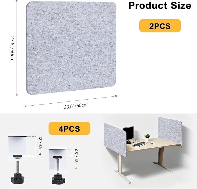Desk Divider 2 Pcs Desk Privacy Panel 23.6'' x 23.6'',Acoustic Sound Absorbing and Noise Reducing Desk Partition for Office Desk,Clamp-on Desk Divider Partition with Adjustable Universal Base