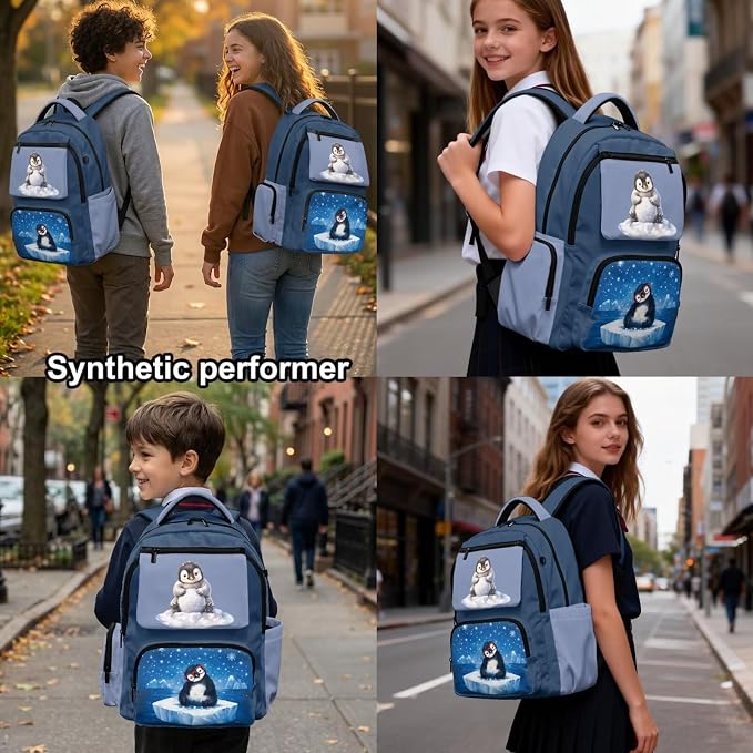 WELLFLYHOM Penguin Girls Backpack Set 8-12 Kids School Book Bag Lunch Box Pencil Case Water Bottle Sleeve Ice Snow Elementary Junior High Daycare Bag for School Back to School Gift
