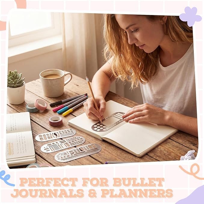 Chinco 4 Pieces Stencils Metal Journal Template 7.9 x 2.4 Inches Bookmark Ruler School Supplies Stainless Steel Stencils Set for DIY, Engraving, Painting, Scrapbooking(Classic Style)