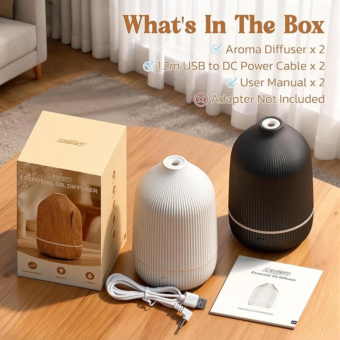 Essential Oil Diffuser, 2Pack, 100ml Aromatherapy Diffuser, Mini Ultrasonic Diffuser for Essential Oil, Home, Office, Cool Mist Humidifier with 7 Led Light, Auto Shut-Off, White & Black