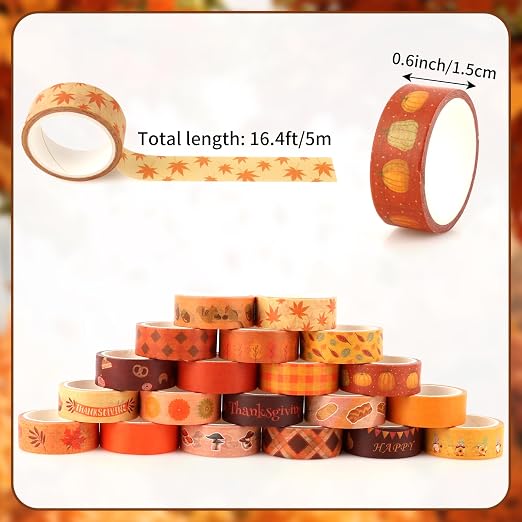 Fall Washi Tape Set 20 Rolls Autumn Washi Tape Autumn Thanksgiving Pumpkin Fall Leaves Decorative Tape for Seasonal Kids DIY Art Crafts Notebook Scrapbooking & Stamping Supplies