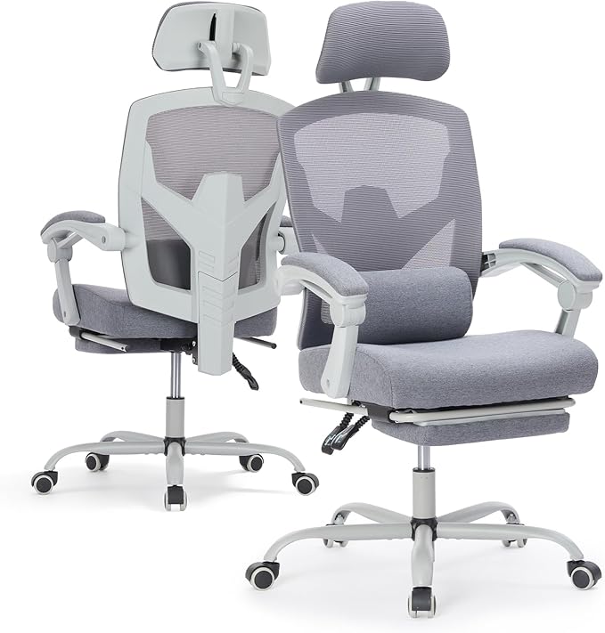 Ergonomic Office Chair with Footrest, High Back Home Desk Chair with Lumbar Support & Headrest, 90-135° Reclining Mesh Back Computer Chair with Wheels for Work, Gaming, Grey
