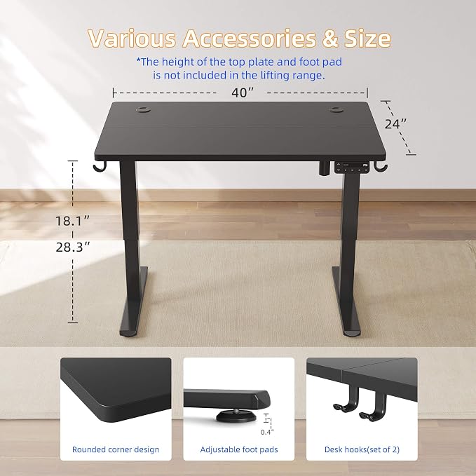 YIHAYO Low Height Adjustable Desk, Lifts 18.1-28.3 Inches, Electric Standing Desk for Short People, 40 x 24 Inches Computer Table with Splice Board for Home Office, Black