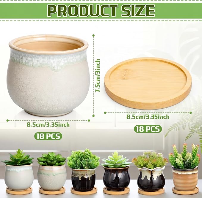 Remerry 18 Pcs Small Succulent Pots Bulk with Drainage 3.5 Inch Assorted Mini Ceramic Succulent Planters Pot with Coaster Bamboo Plant Tray Planting Pots for Home Office Garden