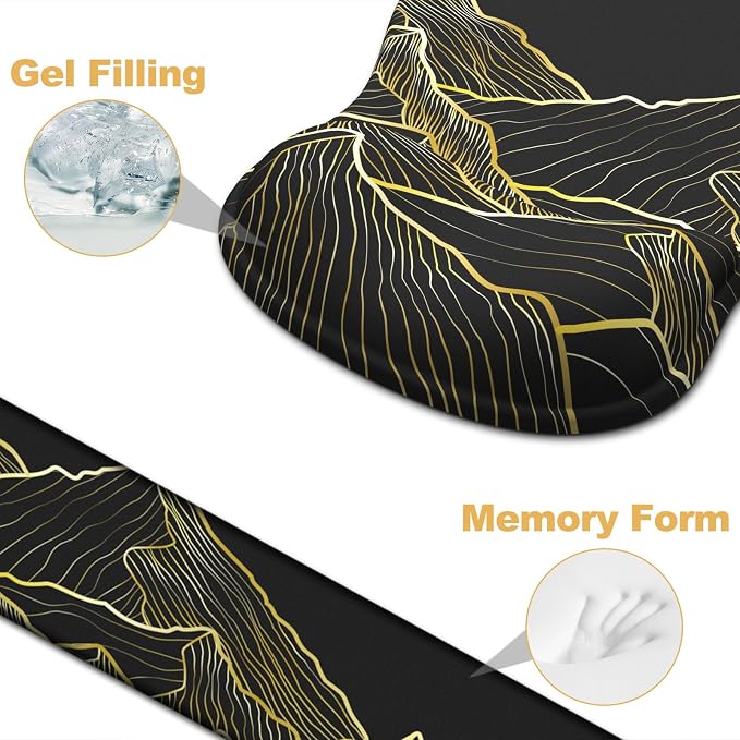 Ergonomic Mouse Pad with Wrist Rest and Keyboard Wrist Rest, Gel Mousepad and Wrist Rest for Computer Keyboard, Pain Relief, Non-Slip PU Base, Black Mouse Pad with Wrist Support for Gaming, Mountain