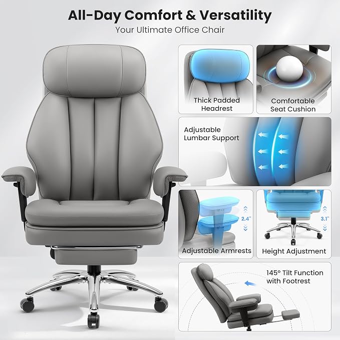 BestGlory Big and Tall Office Chair with Lumbar Support, Executive Leather Computer Desk Chair, Heavy Duty Comfortable Gaming Chair with Double Layer Cushion & Footrest for Home Office Gaming