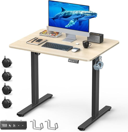 32" Small Rolling Electric Standing Desk Adjustable Height for Home Office | Mobile Sit Stand up Desk with Lockable Casters for Computer Workstation, Memory Preset, 2 Hooks, Black Frame/LightWalnut Top