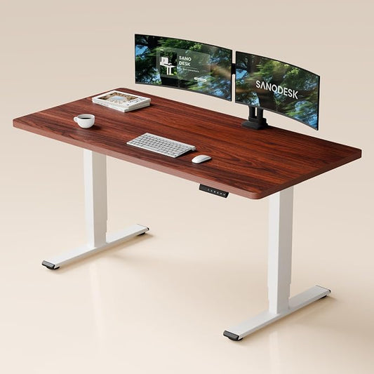 SANODESK Dual Motor Standing Desk 220lbs Height Adjustable Desk | 60"x24" Spacious One-Piece Mahogany Desktop & White Frame, 4 Memory Presets, 3-Stage Legs, 220lbs, 2-Box for Home & Office