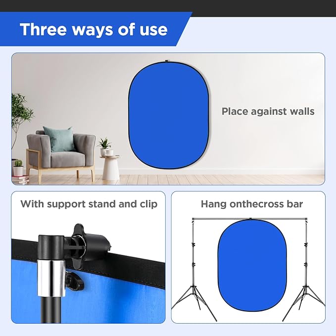 5x7ft Chromakey Blue/Grey Backdrop with Stand,2-in-1 Foldable Pop-Up Backdrop Double Sided Collapsible Backdrop with Support Stand for Photo and Video Shooting,Gaming (Gray & Blue)