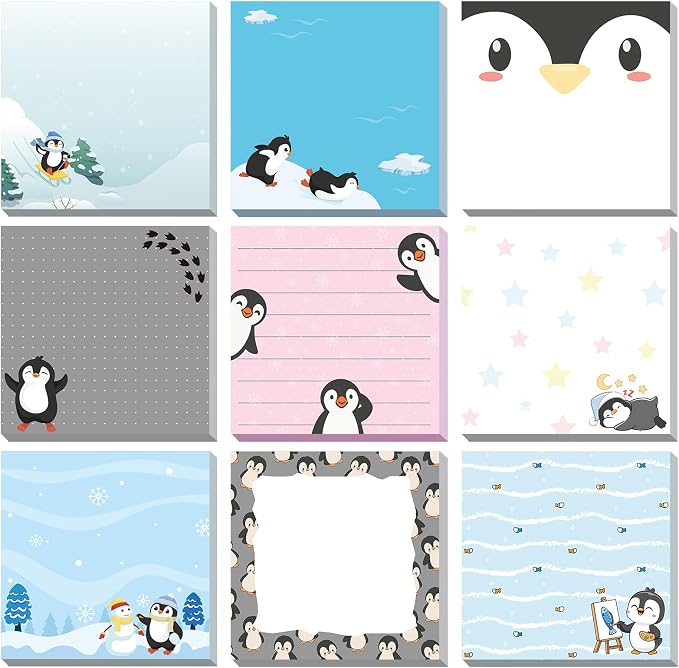9 Pads Cute Sticky Notes Cartoon Self Stick Notepads 3x3 Inches Notes Adhesive Memo Pad Office Decor Gifts for Students School Teacher Office Meeting(Penguin)
