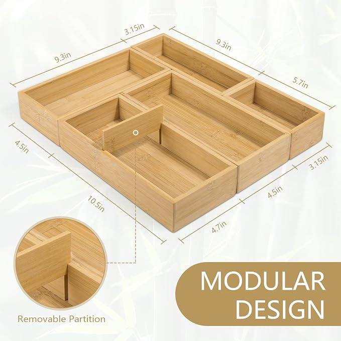5 Pack Bamboo Drawer Organizer Set, Multi-Use Junk Drawer Organizer for Bathroom, Kitchen, Office, Jewelry, Makeup
