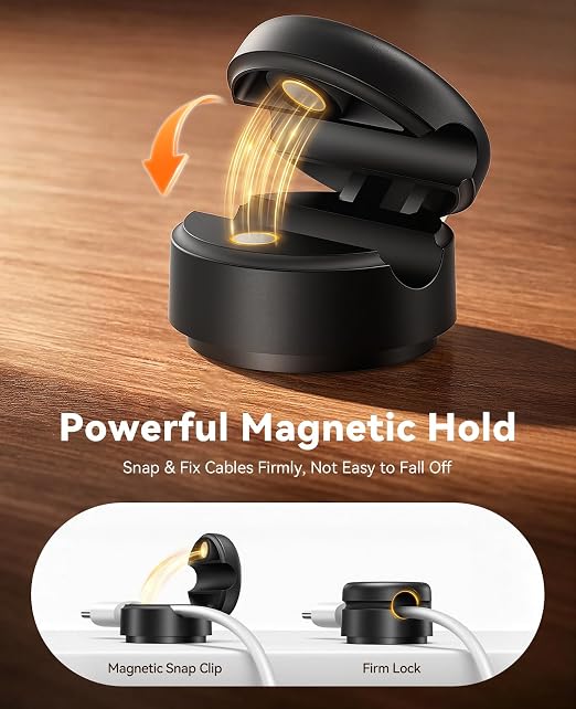 Rocoren 12 Pack 360° Rotating Magnetic Cable Clips, No-Residue Adhesive Cord Organizer for Cable Management, 1s Lock Cord Holder for Desk Nightstand Wall Car,Office Home Dorm Room Accessories,Black