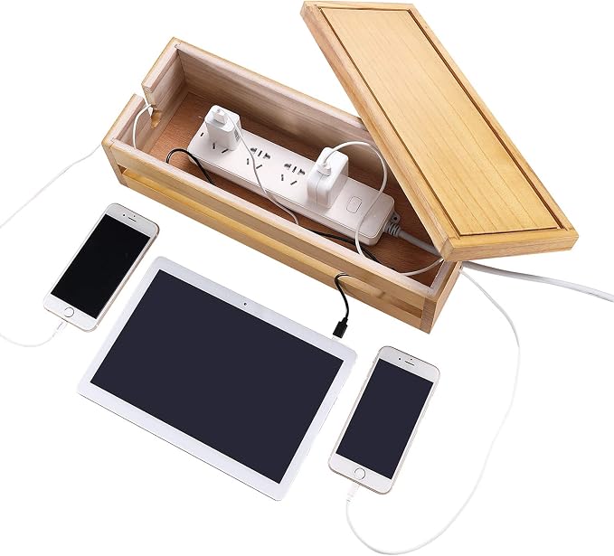 Changsuo Cable Management Box Wooden Cord Organizer Box for Extension Cord Power Stripe Surge Protector Wire Management Concealer Organizer Cover Hider for Desktop Home Office Kitchen (Light Natural)