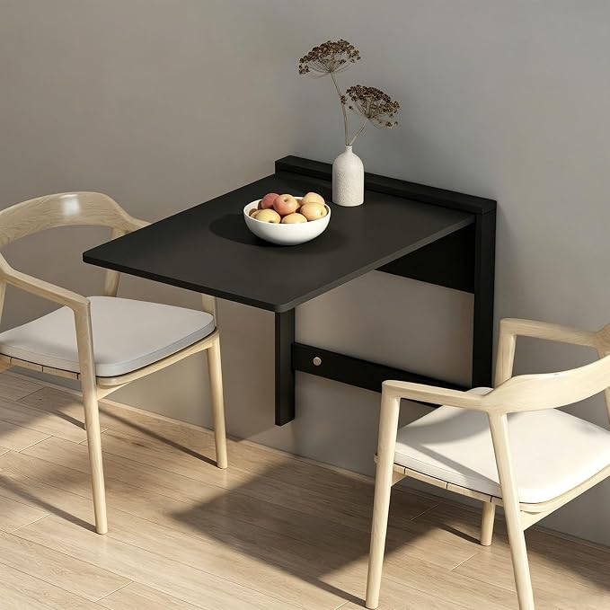 Space-Saving Wall Mounted Folding Dining Table Heavy Duty Floating Desk for Small Spaces Kitchen Laundry Room Study（Chair not Included in Product）(Black)