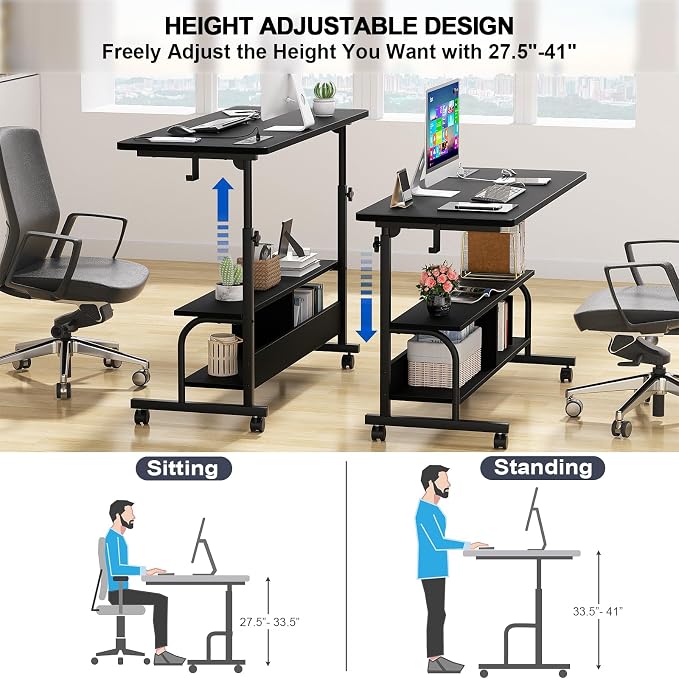 Armocity Rolling Standing Desk with Charging Station, Portable Height Adjustable Mobile Computer Desk with Wheels & 2-Tier Shelves & Hooks, Easy Assembly Laptop Table for Couch Bed, 47" Black