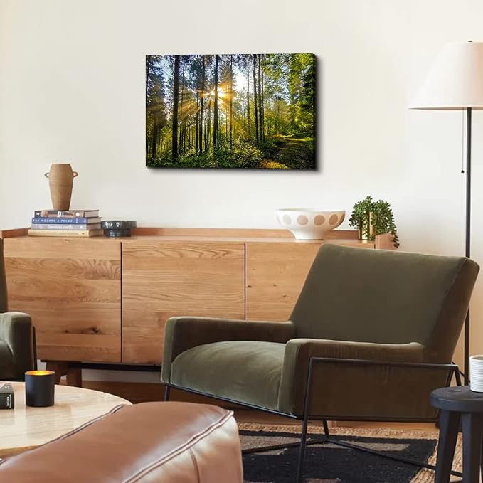 Nature Forest Landscape Wall Art Sunrise Green Tropical Trees Canvas Pictures Wall Decor 16x24" Mountain Prints Painting Modern Framed Artwork for Living Room Bedroom Kitchen Office Home Decoration